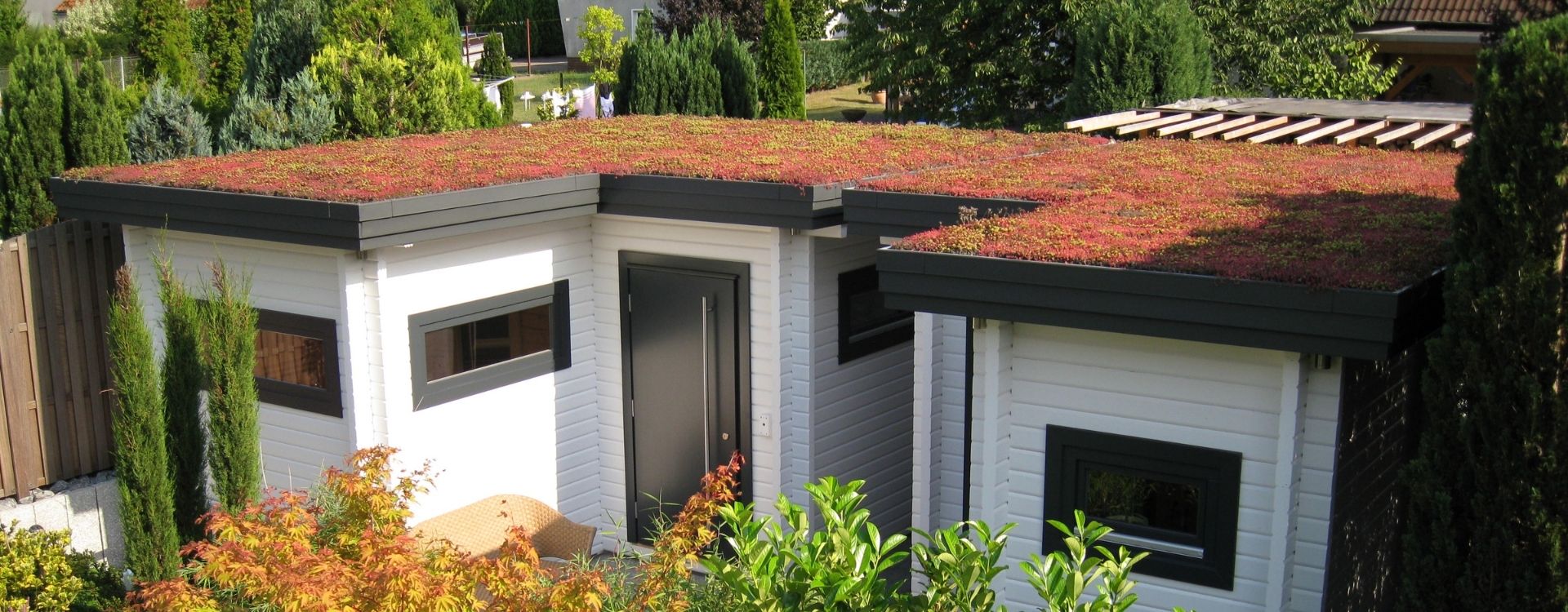 Flachdachbegrünung auf einem Gartenhaus - TOPGREEN-Gründachsysteme
